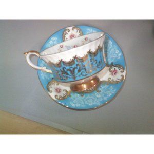 RARE PARAGON TRENTON BLUE/GOLD FLORAL TEACUP AND SAUCER SET